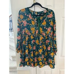 Zara Green & Yellow Rose Floral Print Velvet Trim Romper
